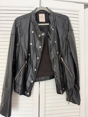 Free People Black Leather Snap-Front Moto Jacket